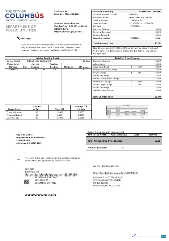 USA Ohio City of Columbus business utility bill template in Word and PDF formats